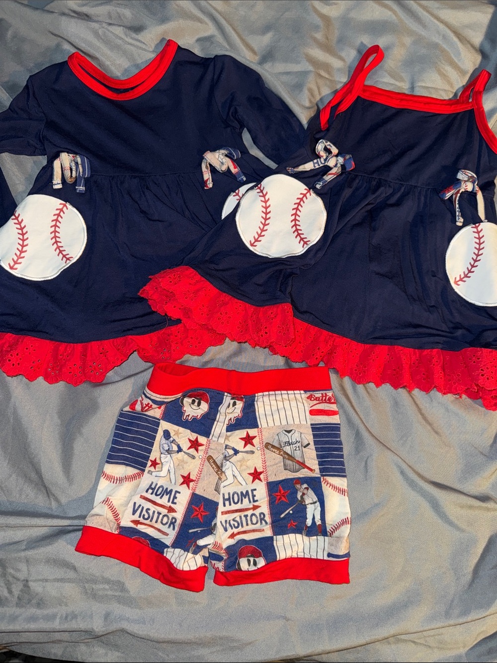 Fletch 3 piece Navy & Red Baseball Themed Girls bamboo Dress Set with Shorts